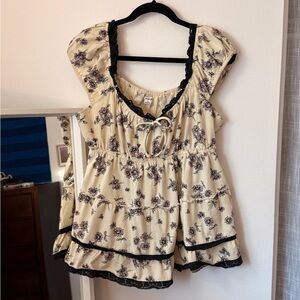 Urban Outfitters Cream Floral Blouse with Black Accents